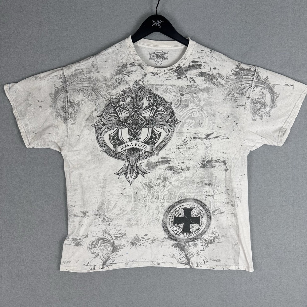 MMA Elite T Shirt White Gray Crosses Grunge Mens 2XL Y2K Emo Skater Outdoor